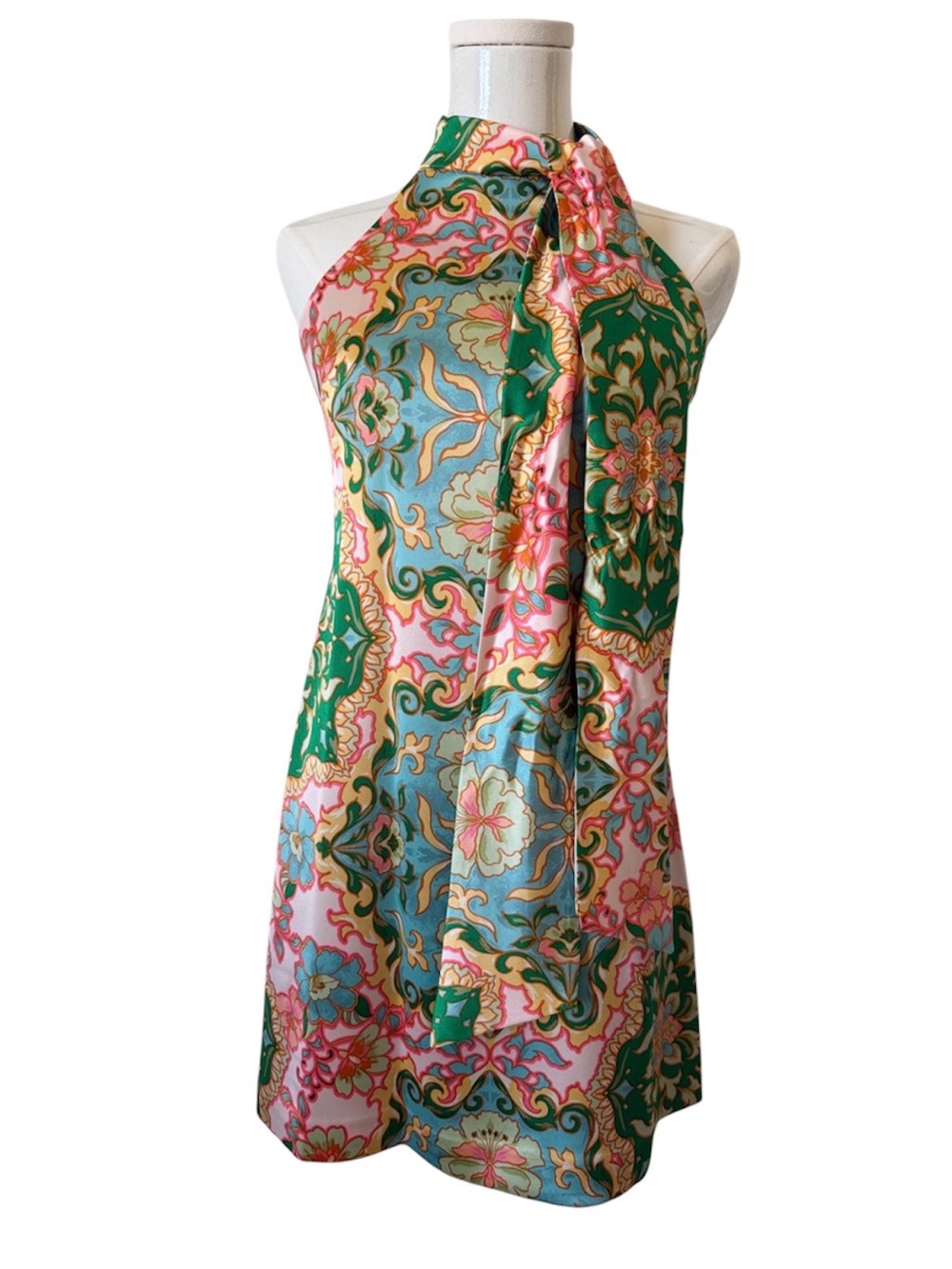 Vince Camuto Satiny Green, Blue & Pink Halter Style Mini Dress Size 0P